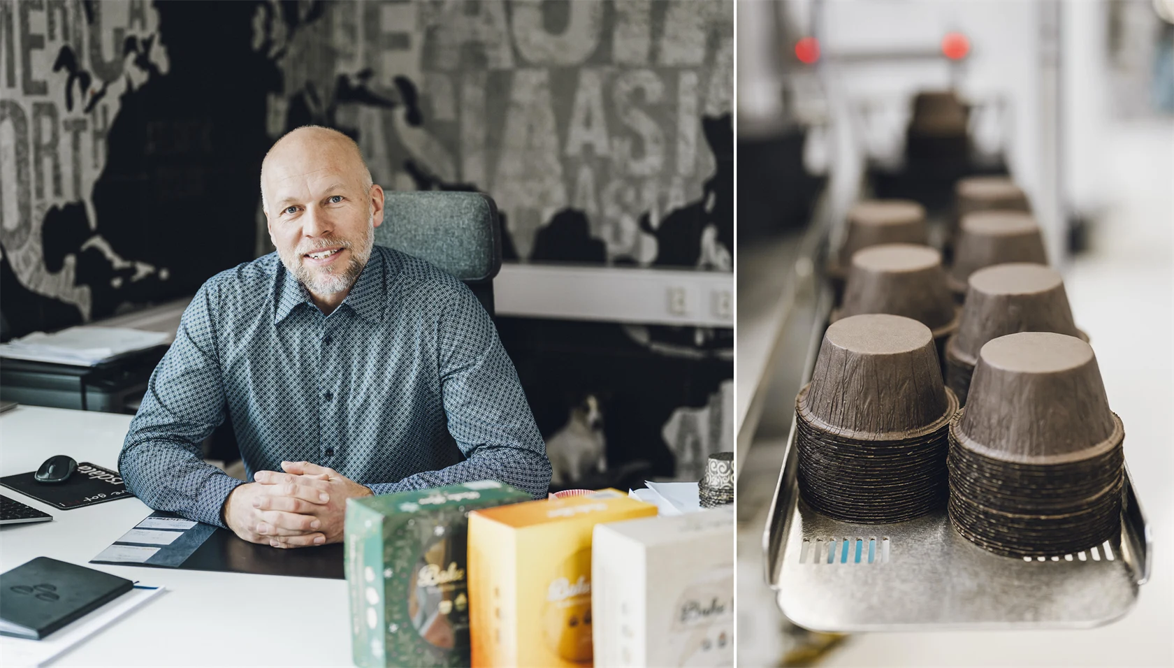 Björn Tielman, vd för Tielman. I förgrunden syns BakeBox, en presentförpackning som lanseras till sommaren, och till höger muffinsformar på väg ut till en kund i Europa.