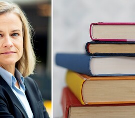 Bild på Eva Glückman, vd Grafiska Företagen, och en trave böcker.