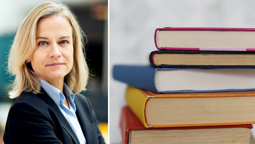 Bild på Eva Glückman, vd Grafiska Företagen, och en trave böcker.