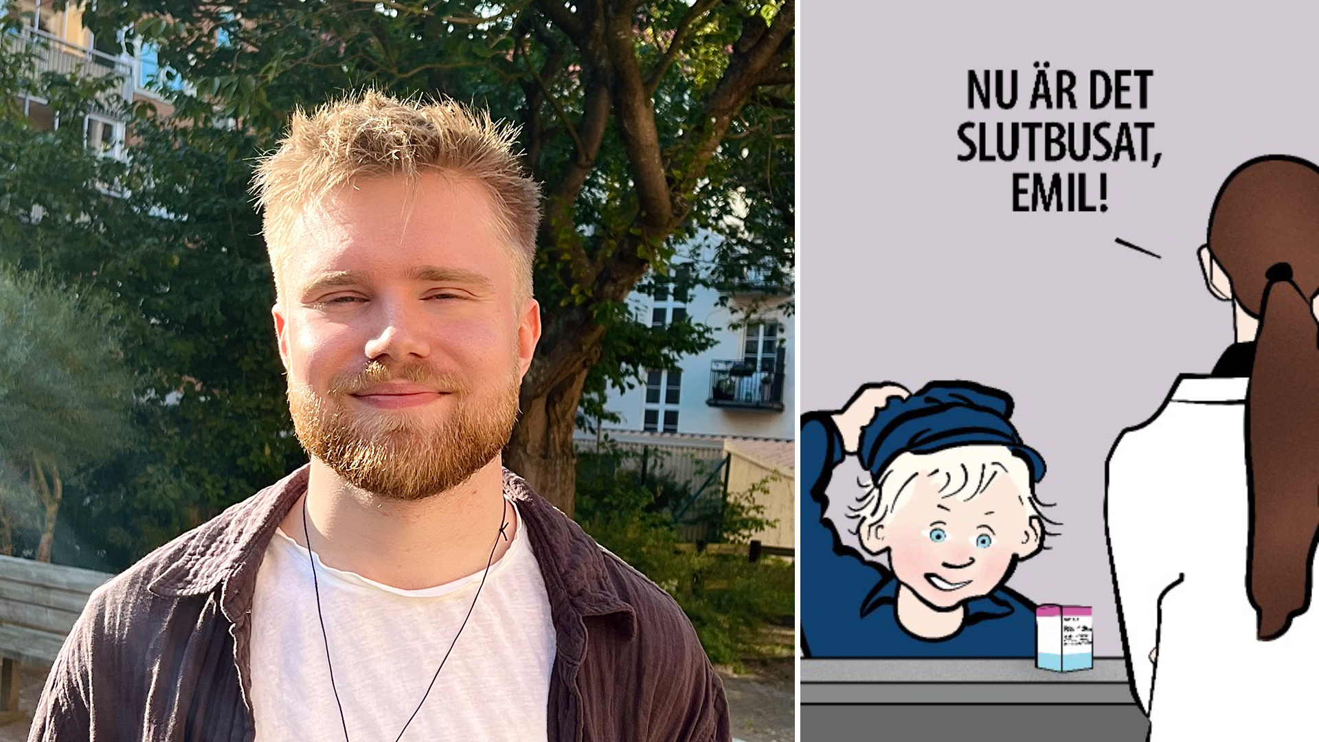Bild på Olle Pettersson (Malmö universitet) och hans verk ”Eeeemil, din hyperaktiva onge!”.