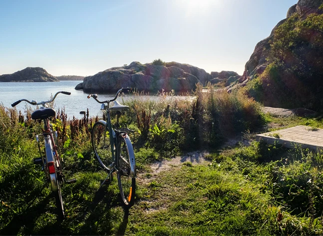 Somrig bild på två cyklar i skärgårdsmiljö.