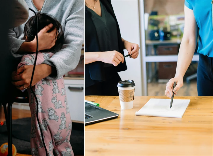 Kollage som föreställer två olika bilder. En bild på en mamma som håller i sitt barn, och den andra bild på två personer som står vid ett bord och pratar.