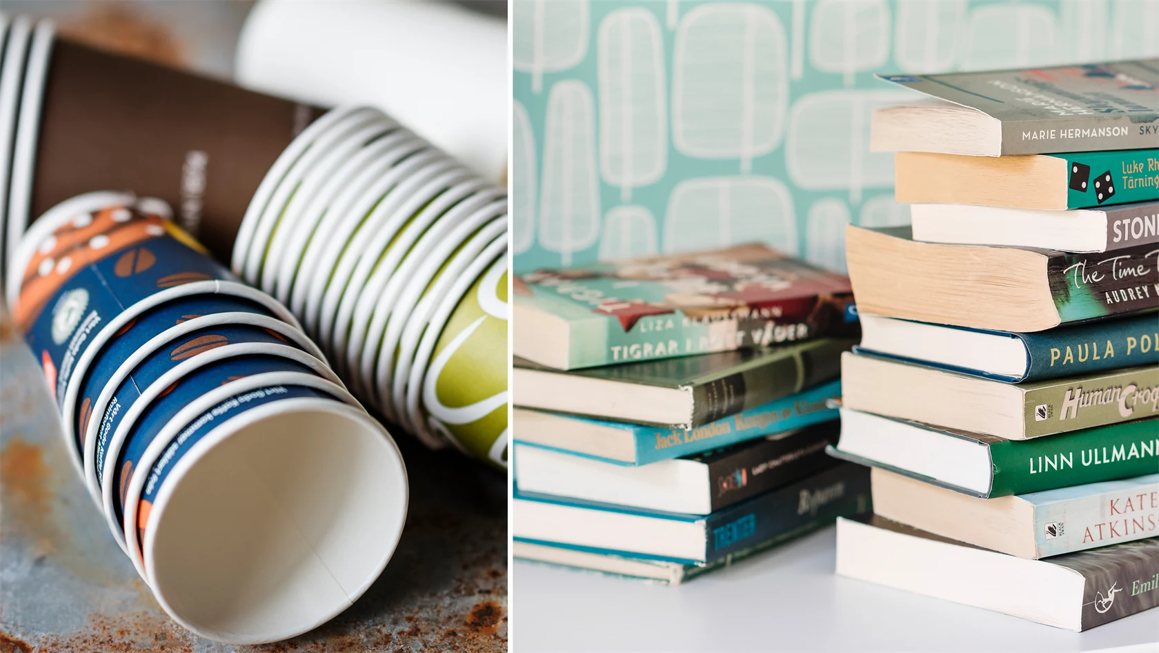 Bild på förpackningar och böcker.