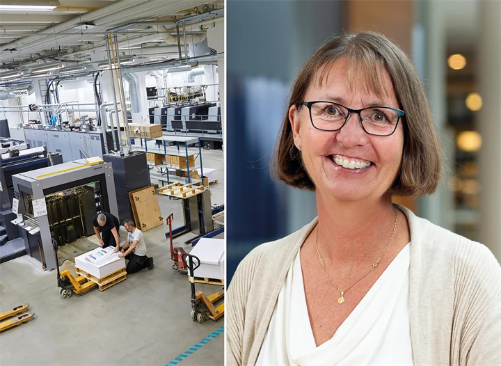 Bild från ett tryckeri och porträttbild på Åsa Samuelsson.