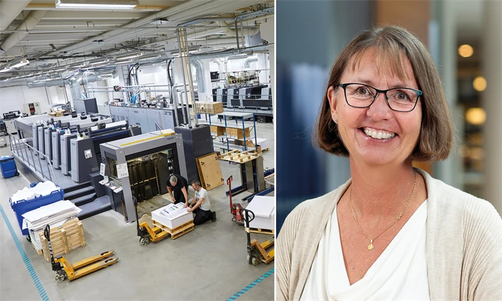 Bild från ett tryckeri och porträttbild på Åsa Samuelsson.