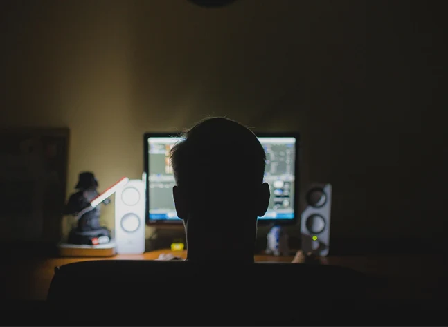 Bild på en person som sitter framför en dator. 