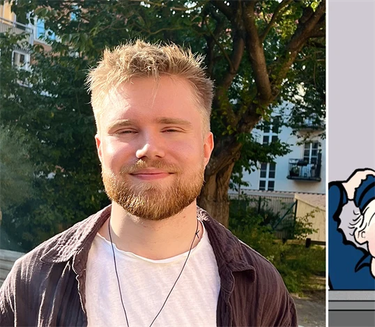 Bild på Olle Pettersson (Malmö universitet) och hans verk ”Eeeemil, din hyperaktiva onge!”.