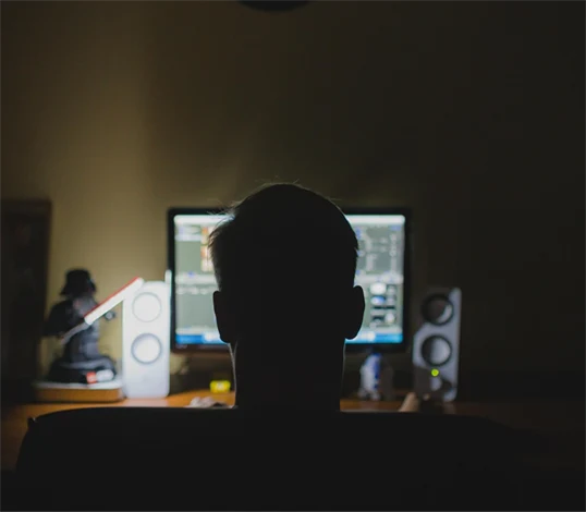 Bild på en person som sitter framför en dator. 