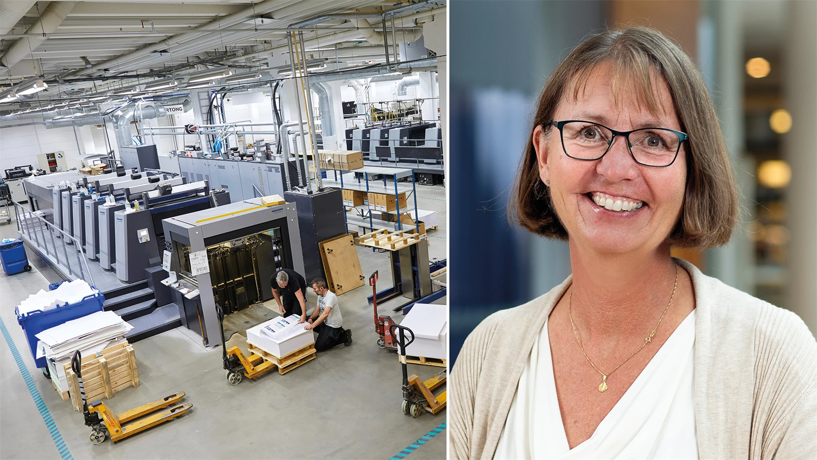 Bild från ett tryckeri och porträttbild på Åsa Samuelsson.