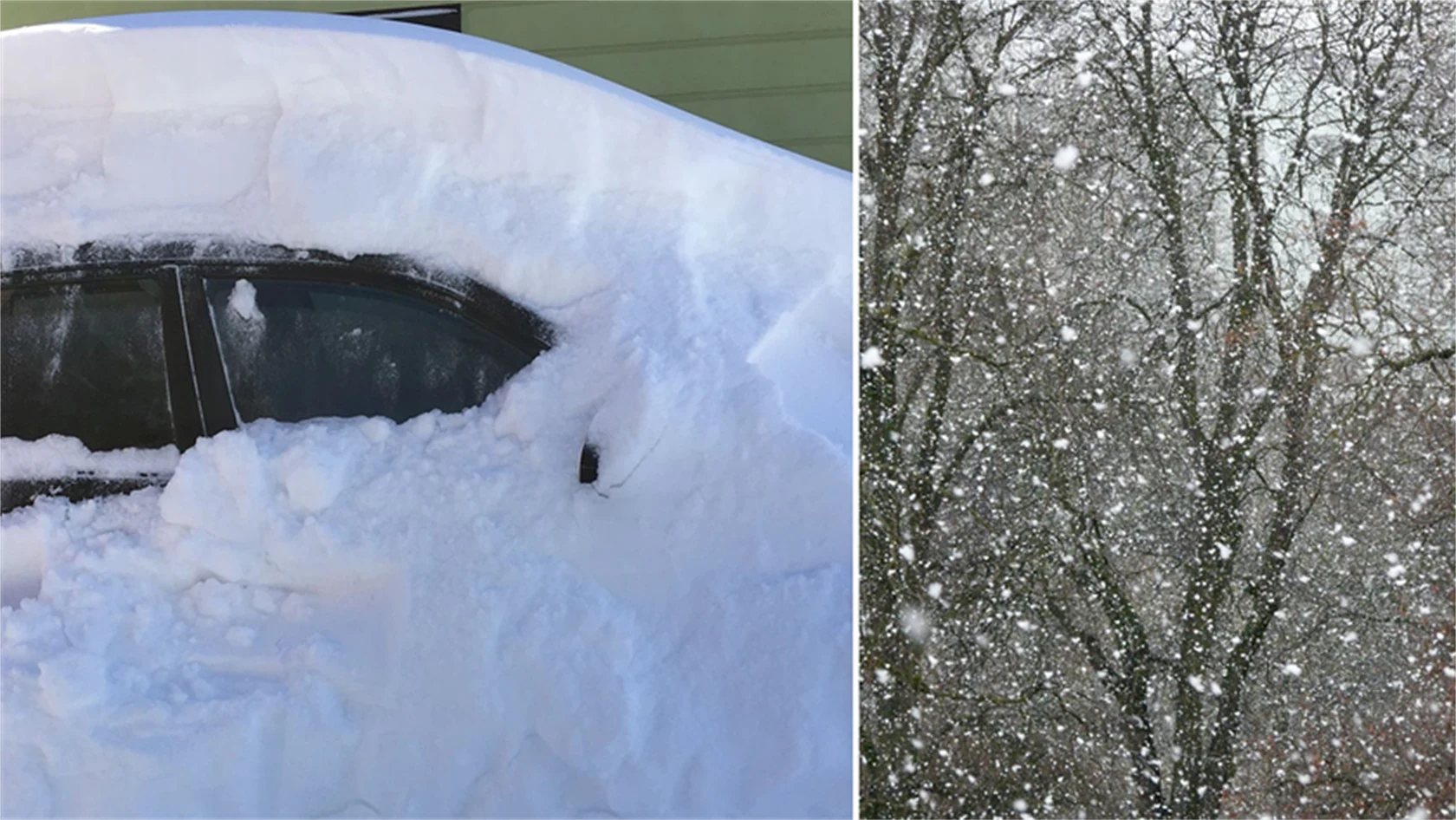 Bild på insnöad bil och snöoväder.