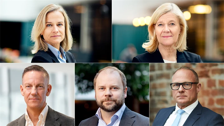 Kollage med bilder på Eva Glückman (Grafiska Företagen), Lena-Liisa Tengblad (Gröna arbetsgivare), Jakob Tellgren (IKEM), Erik Haara (TMF), och Björn Hellman (Livsmedelsföretagen).