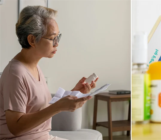Bild på kvinna som håller medicinburk och bipacksedel samt medicinförpackningar.