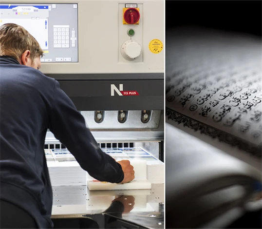 Bild på person som arbetar i tryckeri och bild på en öppen koran.