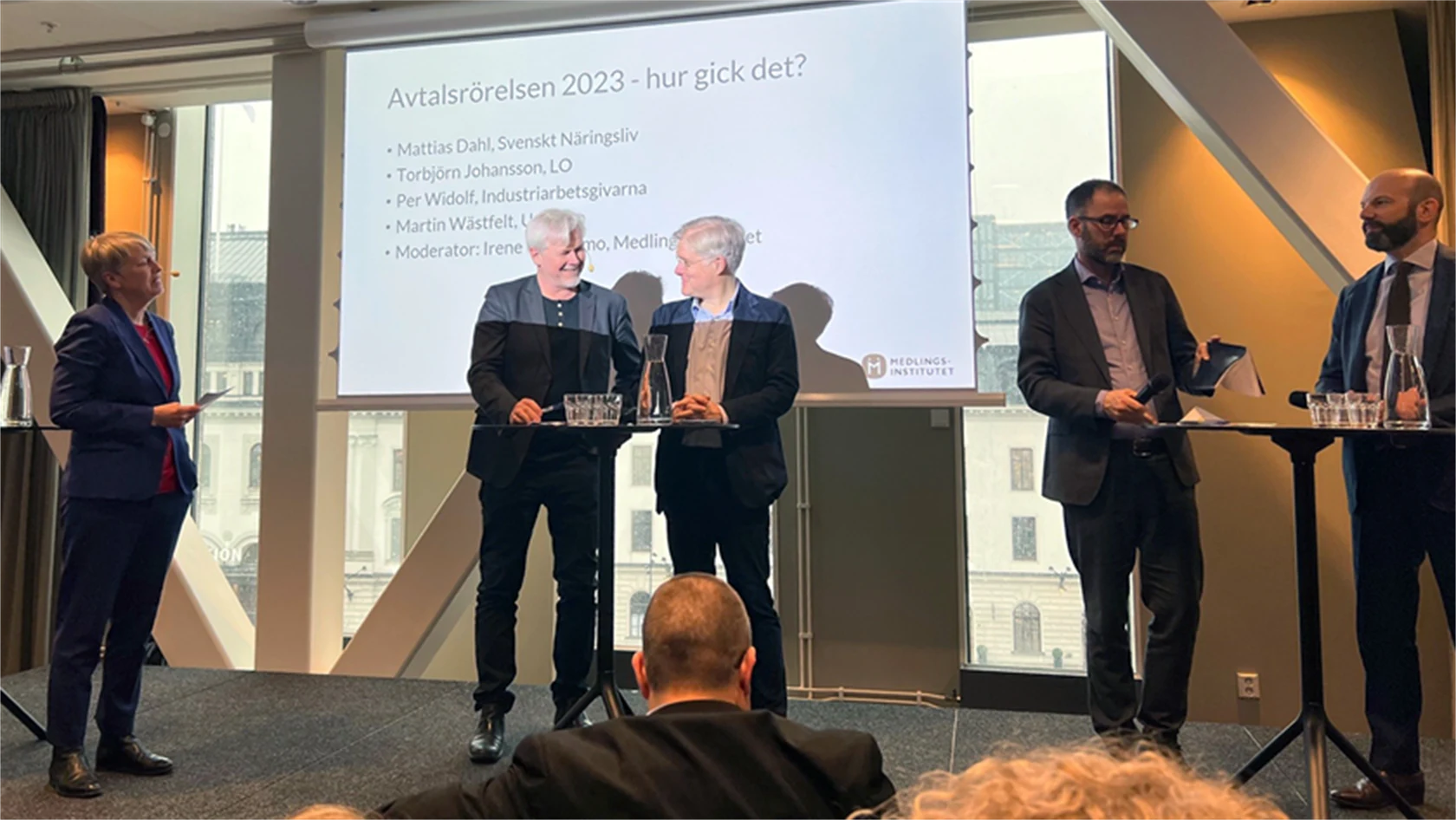 Irene Wennemo (Medlingsinstitutet), Torbjörn Johansson (LO), Martin Wästfelt (Unionen), Per Widolf (Industriarbetsgivarna) och Mattias Dahl (Svenskt Näringsliv).